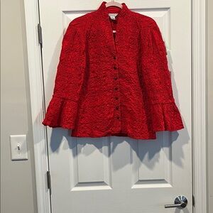 Nexx Red Smocked Crinkle Blouse Stand up Collar Bell Sleeves Textile Art to Wear
